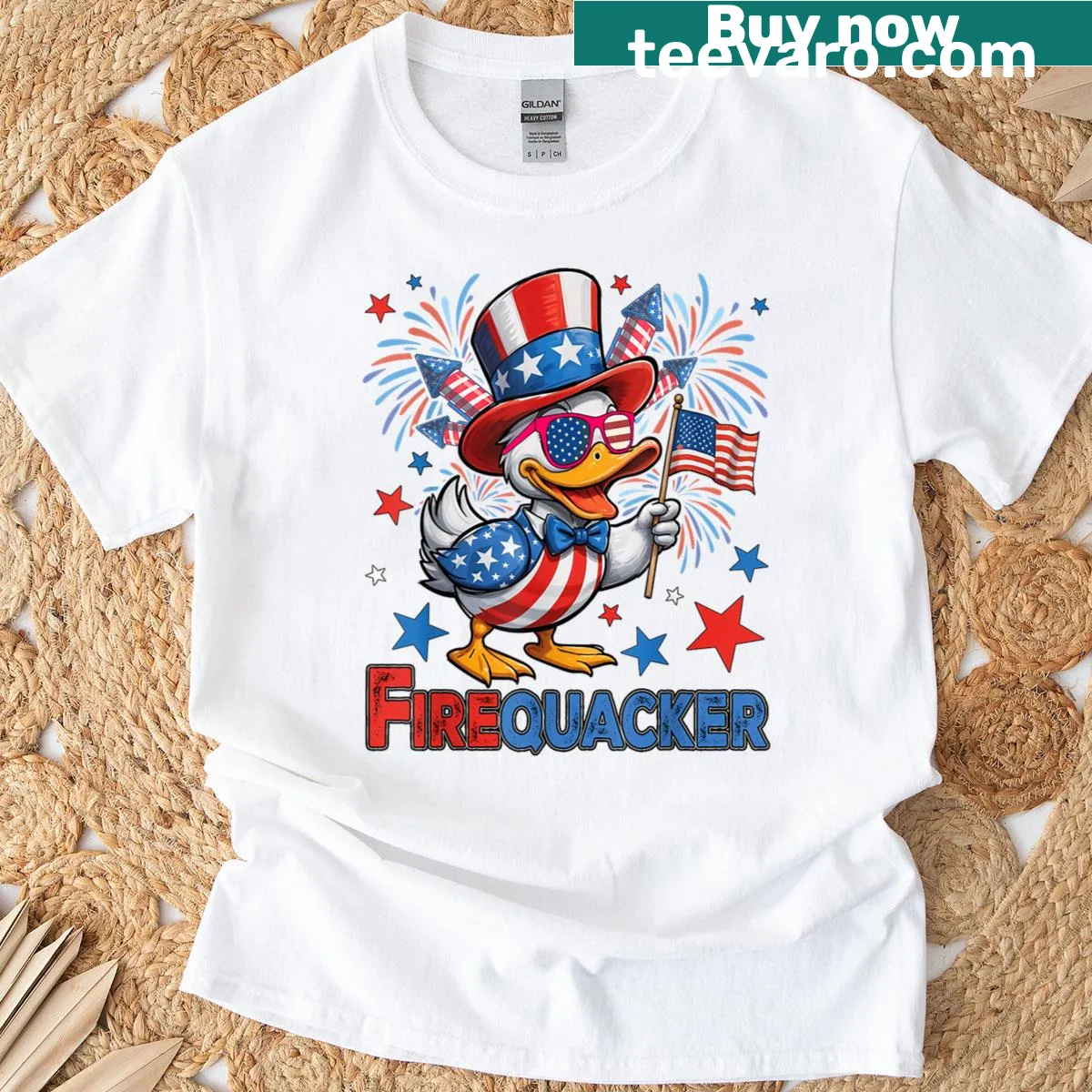 Patriotic T-shirt with a cartoon duck and USA flag design — on a men's t-shirt