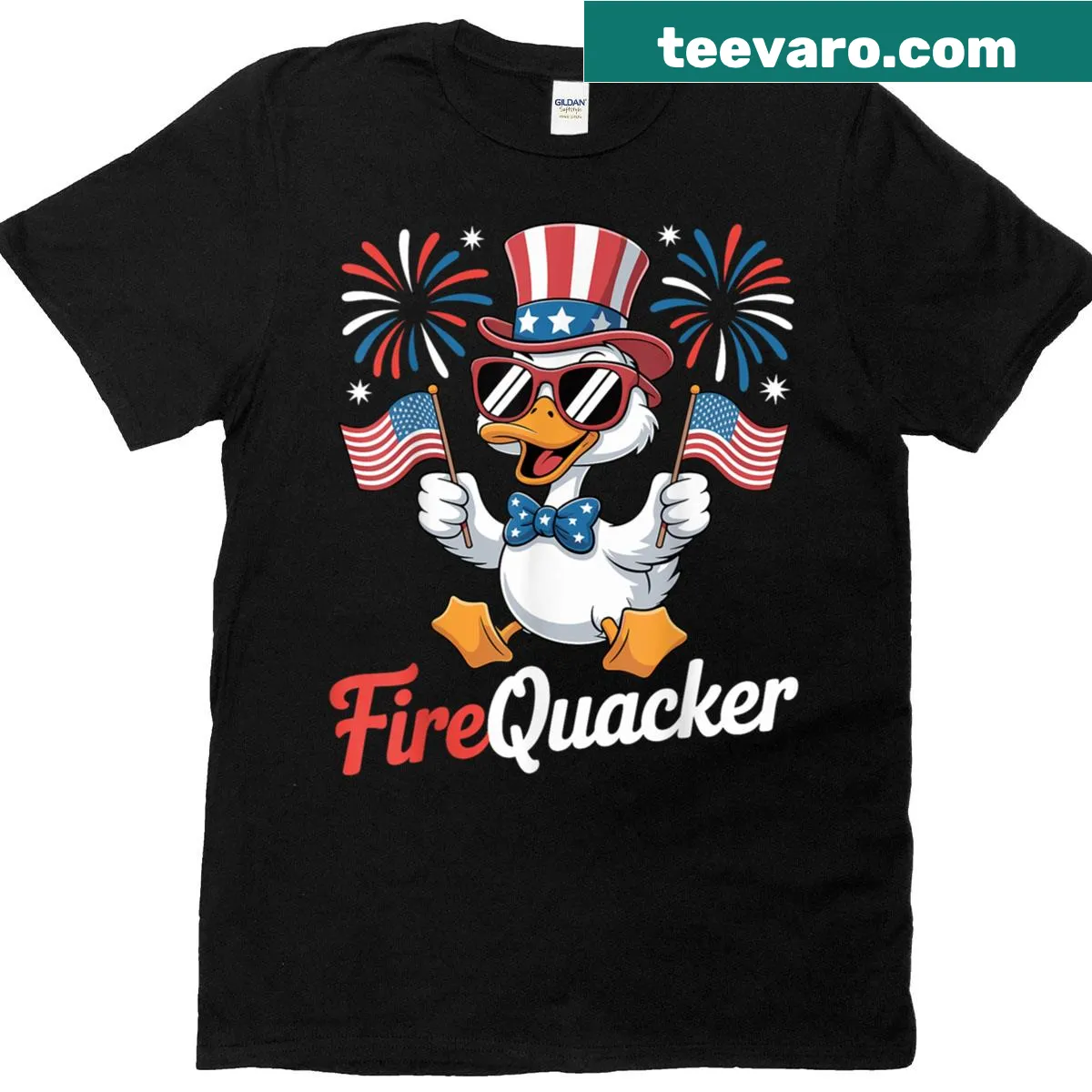 Illustration of a funny duck for the 4th of July celebration — on a men's t-shirt