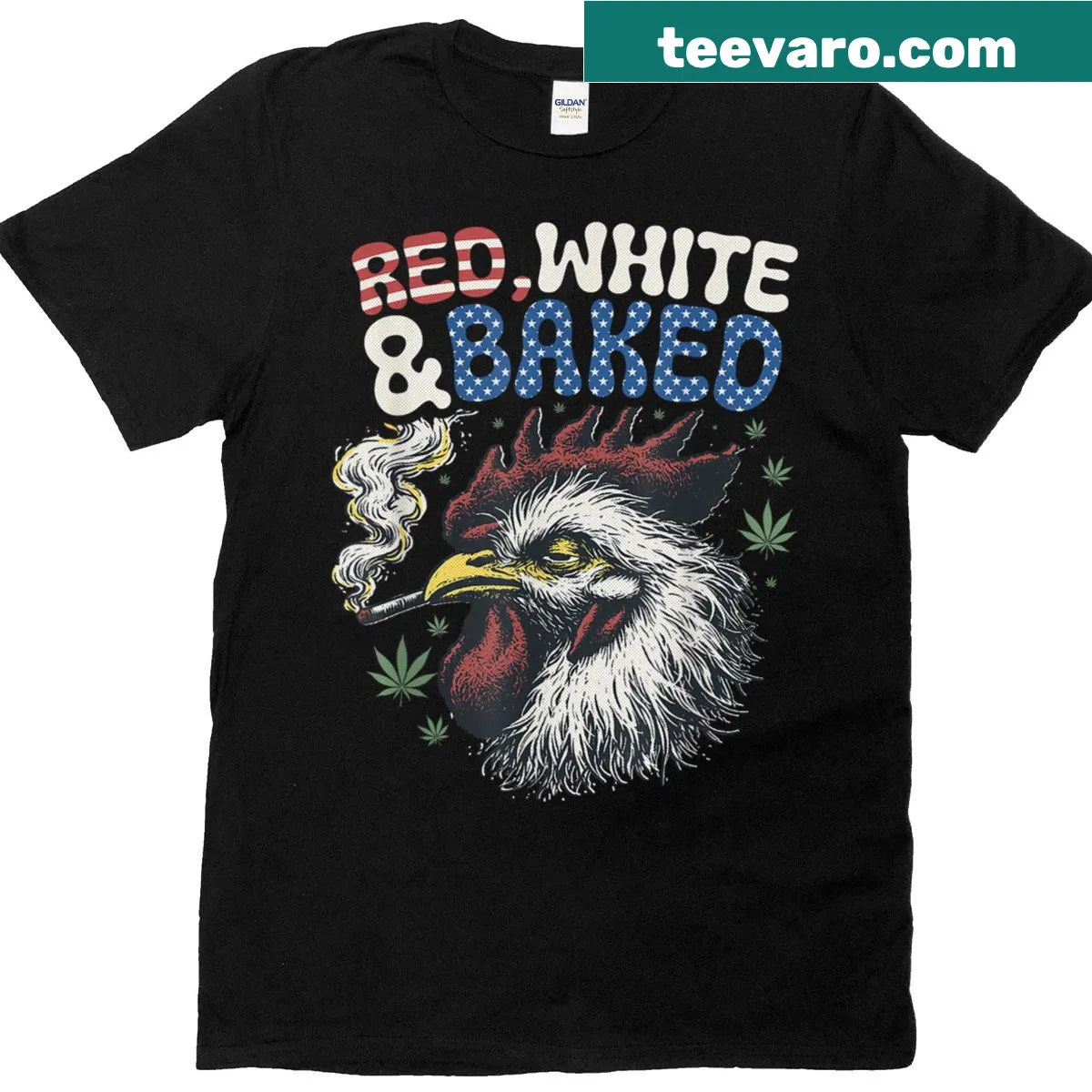 Funny 4th Of July T-shirt with cartoon chicken and baked theme — on a men's t-shirt