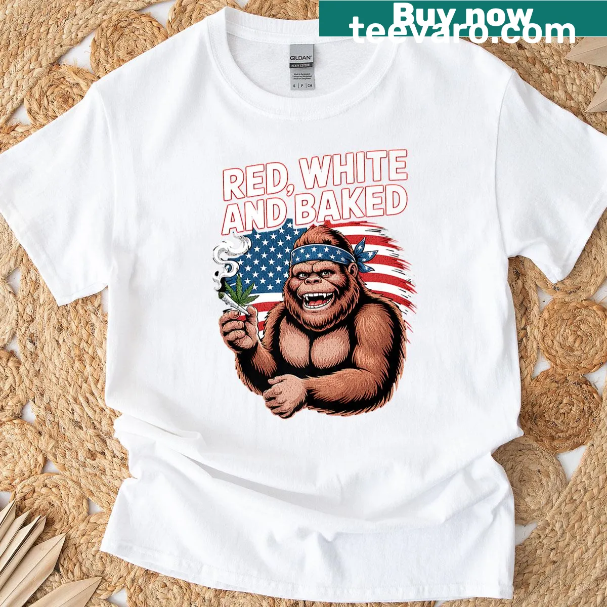 Funny cannabis-themed design for Fourth of July t-shirt. — on a men's t-shirt