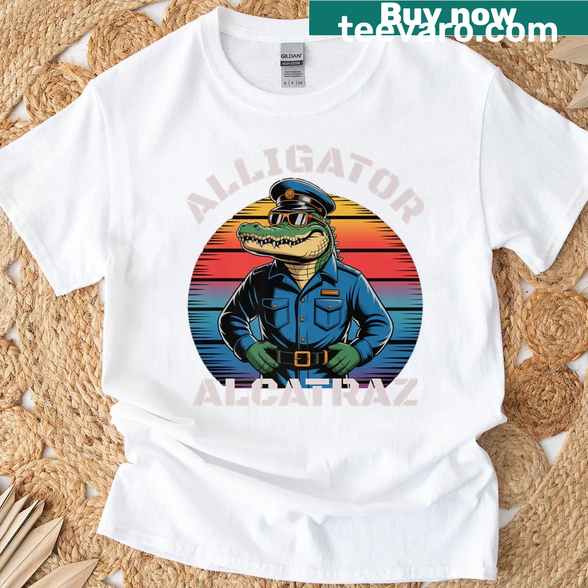 Illustrated alligator in prison jumpsuit, representing Alcatraz humorously — on a men's t-shirt