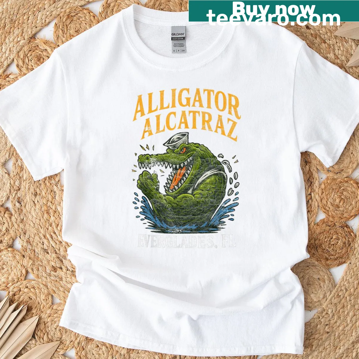 Illustration of an alligator combining Everglades and Alcatraz themes — on a men's t-shirt