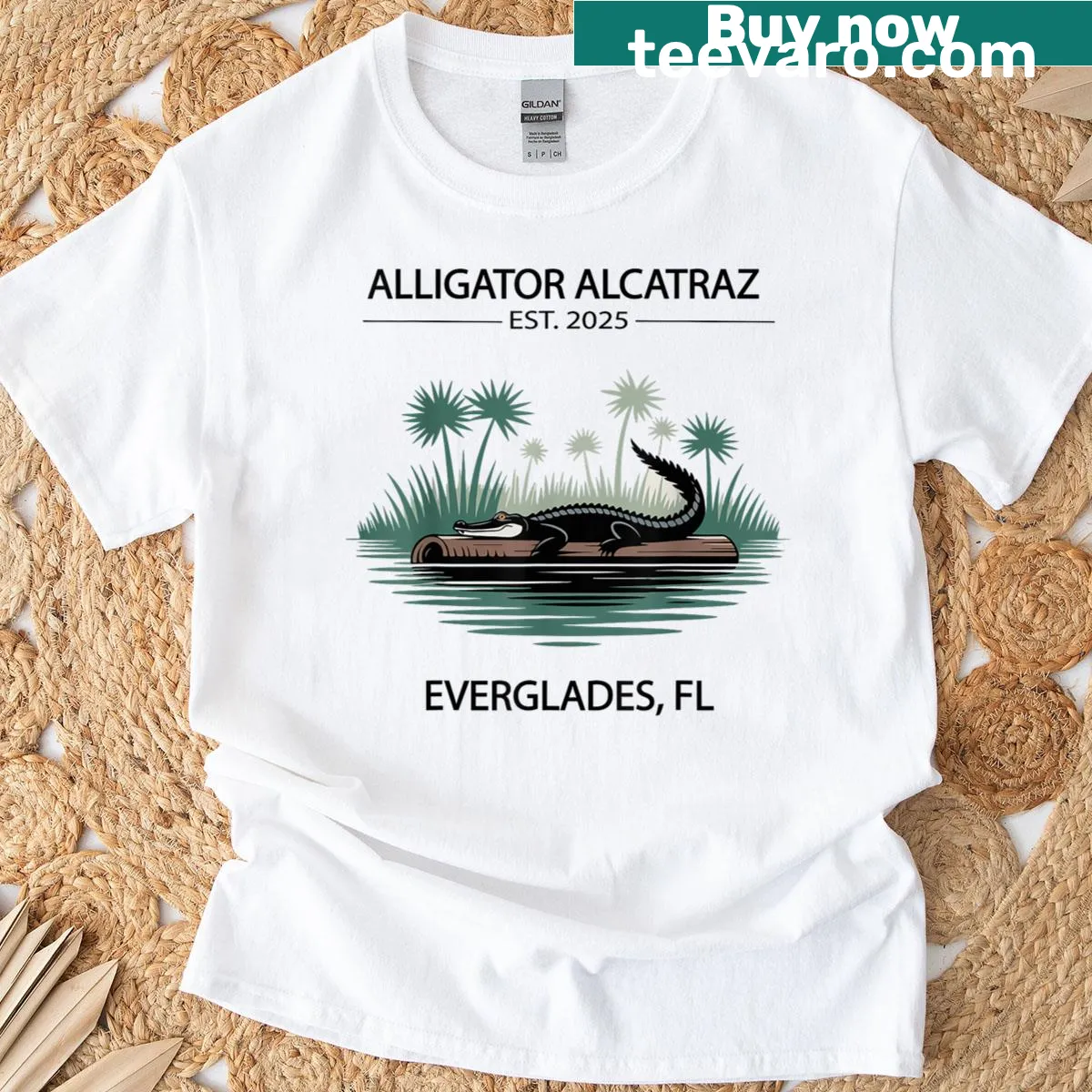 Humorous graphic of an alligator in a parody Alcatraz design — on a men's t-shirt