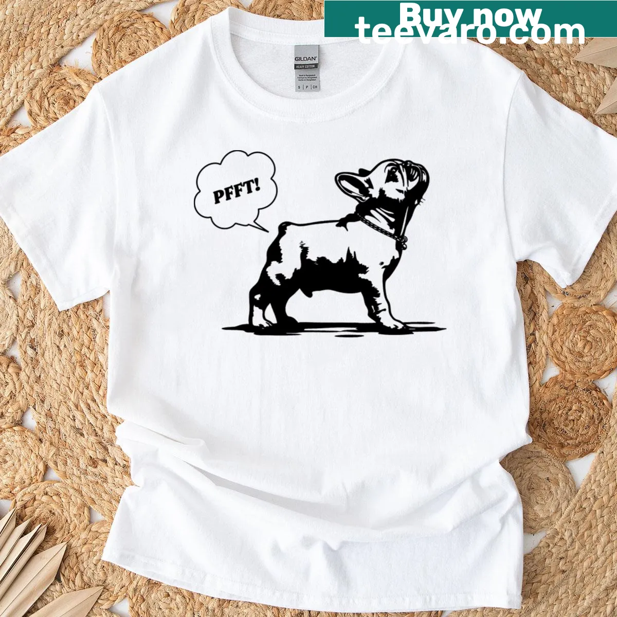 Cartoon graphic of a farting French bulldog for humor lovers — on a men's t-shirt