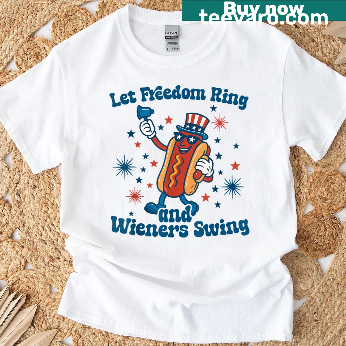 Funny Fourth of July T-shirt with the phrase Let Freedom Ring And The Wieners Swing — on a men's t-shirt
