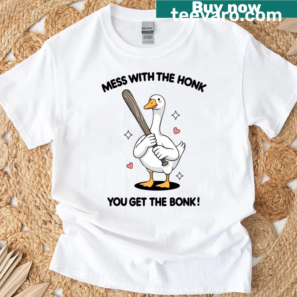 Cartoon goose with a bat and funny saying on a t-shirt — on a men's t-shirt