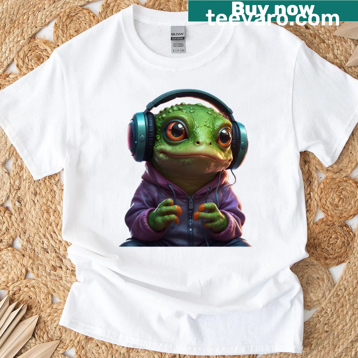 Playful gamer frog t-shirt featuring an illustrated frog character — on a men's t-shirt