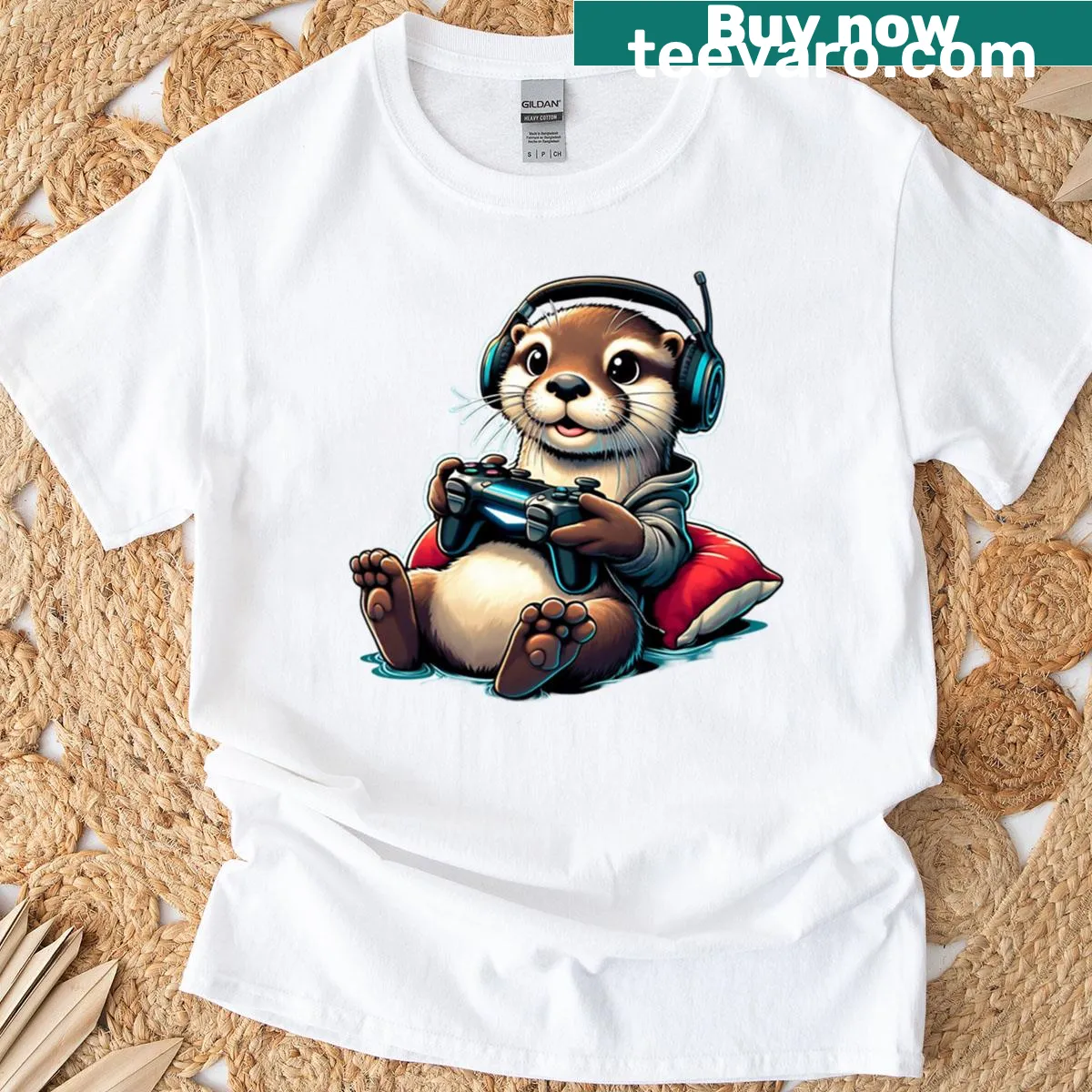 Cozy gaming otter t-shirt featuring an engaged otter character — on a men's t-shirt
