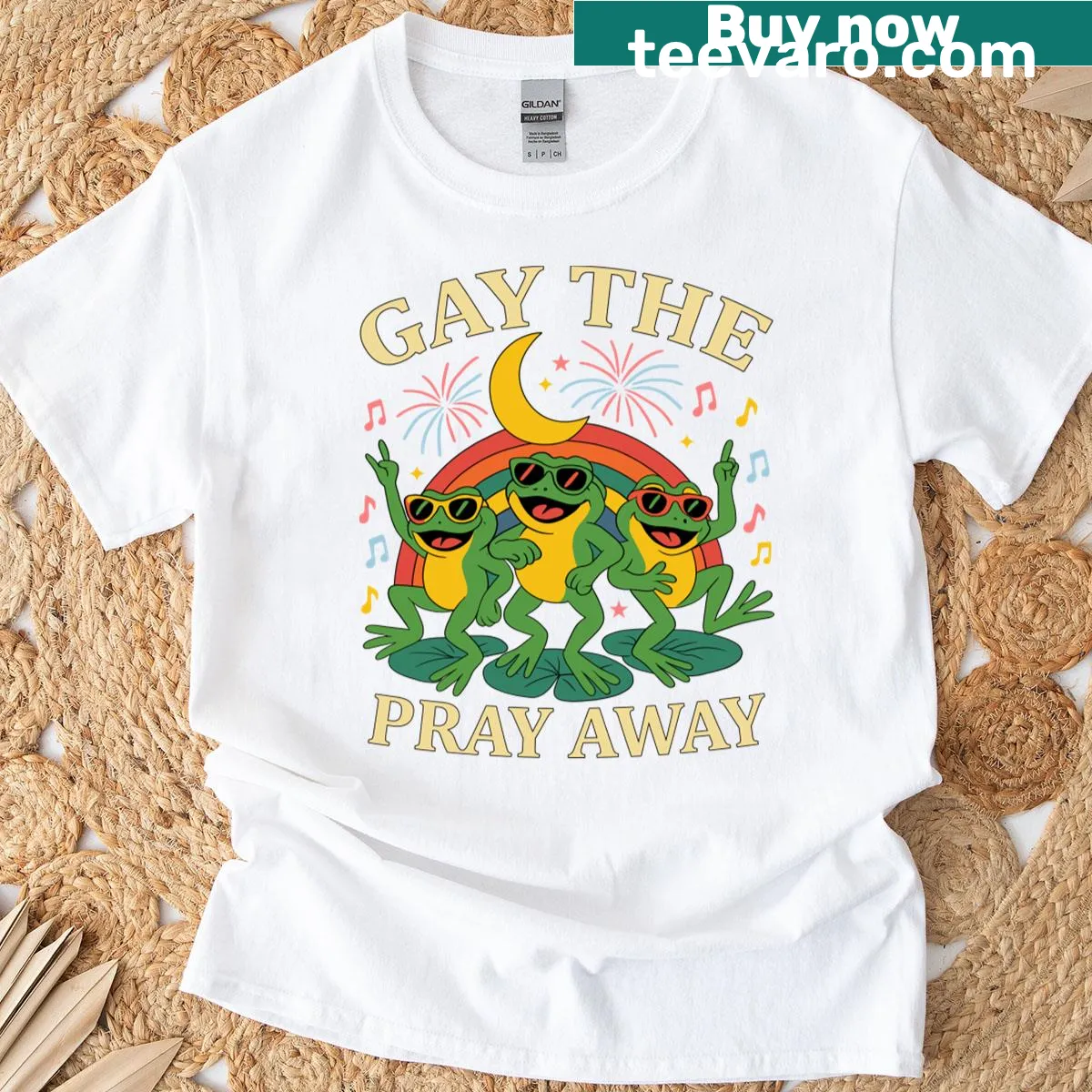 Funny rainbow frogs design with humorous text for LGBTQ pride — on a men's t-shirt