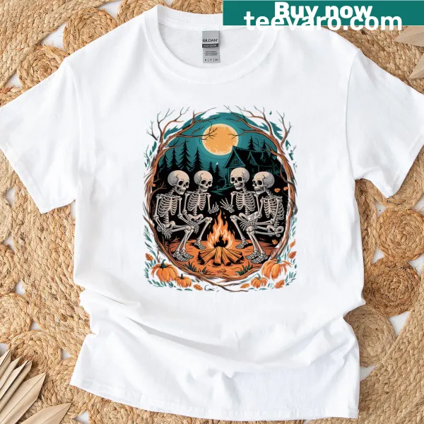 Gothic camping t-shirt featuring a ghost and skeleton by the fire