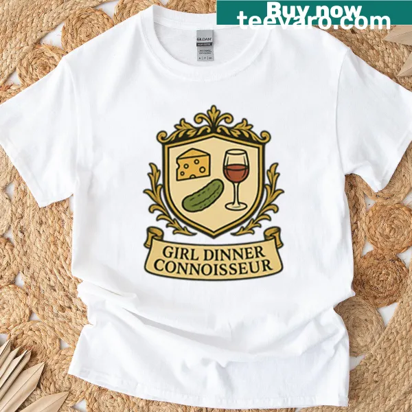 T-shirt with humorous 'Dinner Connoisseur' emblem graphic.