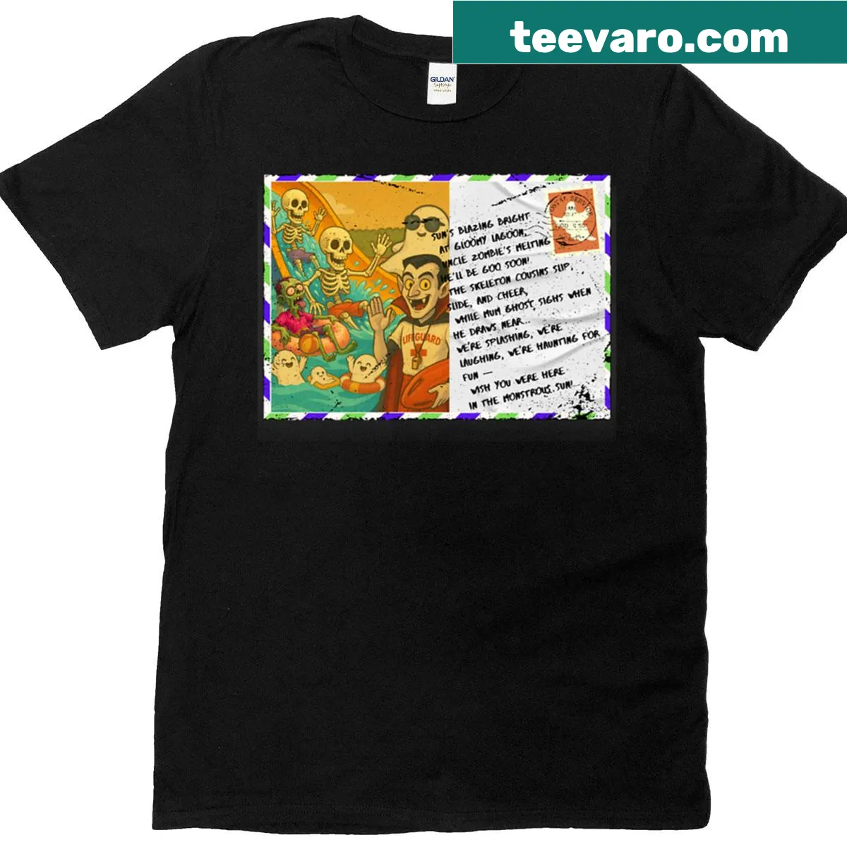 Illustrated T-shirt with a spooky lagoon theme — on a men's t-shirt