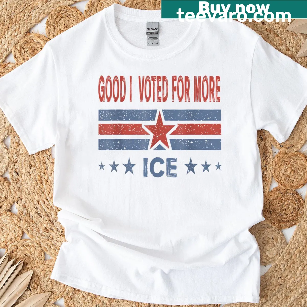 Patriotic t-shirt with humorous text about voting for more ice — on a men's t-shirt