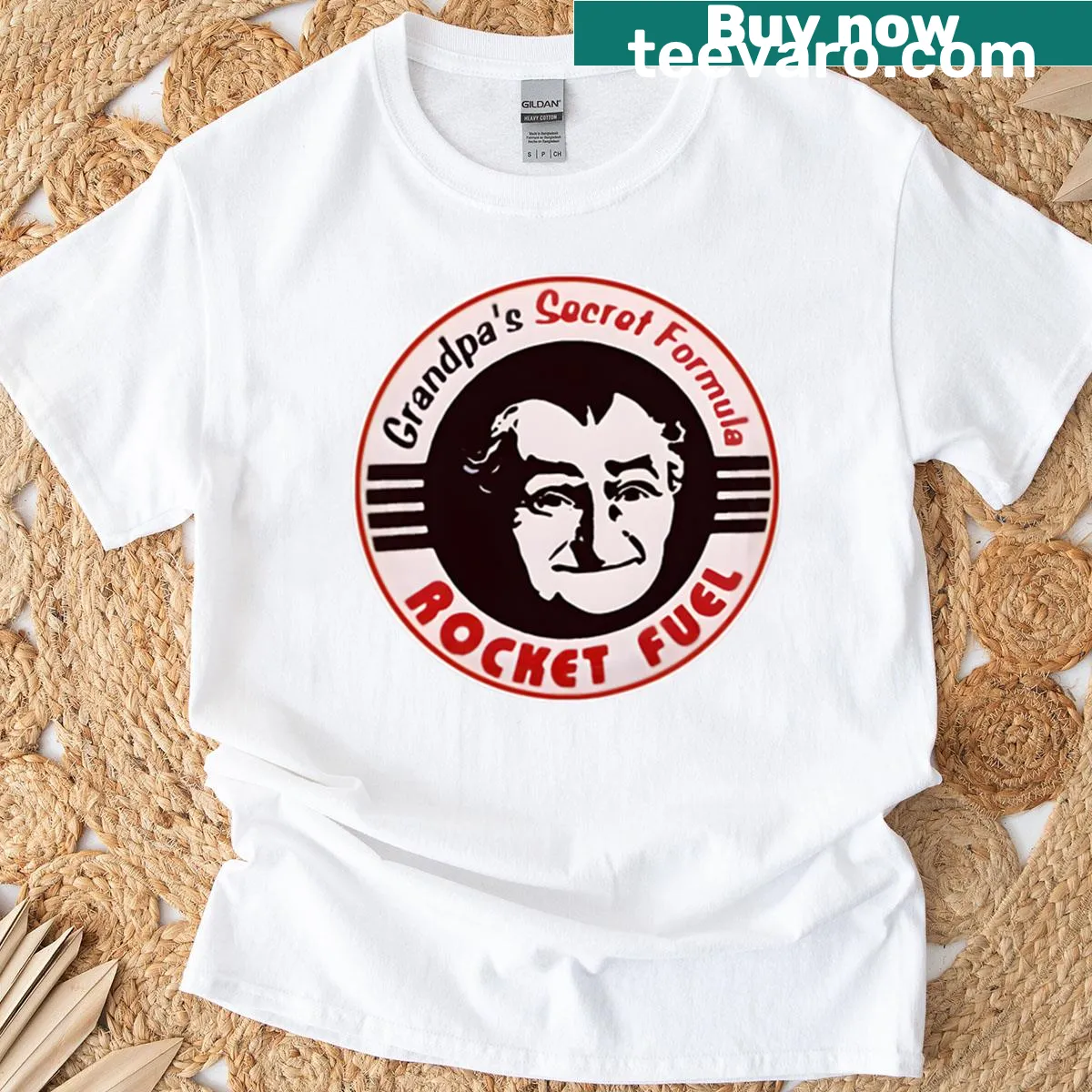 Oversized shirt with playful vintage text 'Grandpas Secret Formula' — on a men's t-shirt