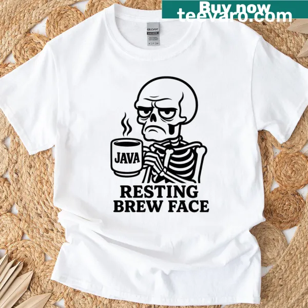 Funny skeleton t-shirt with a grumpy skeleton holding a coffee cup