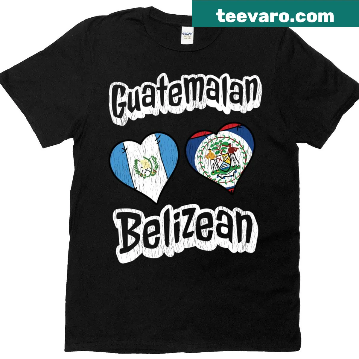 Distressed T-shirt featuring combined heart of Guatemalan and Belizean flags — on a men's t-shirt