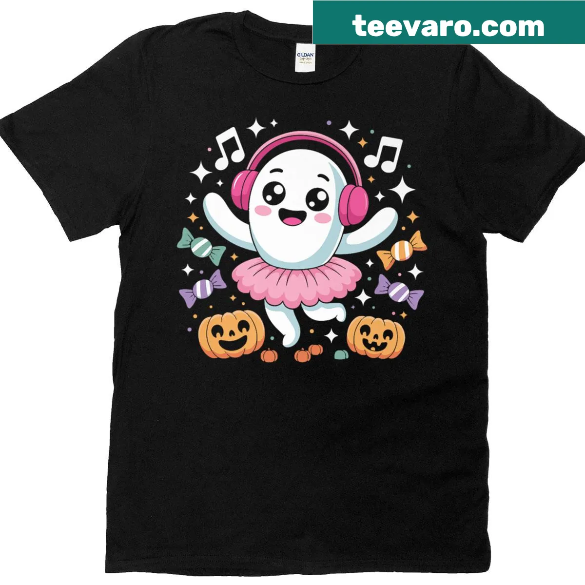 Cute Halloween T-shirt with a happy ghost dancing among pumpkins — on a men's t-shirt