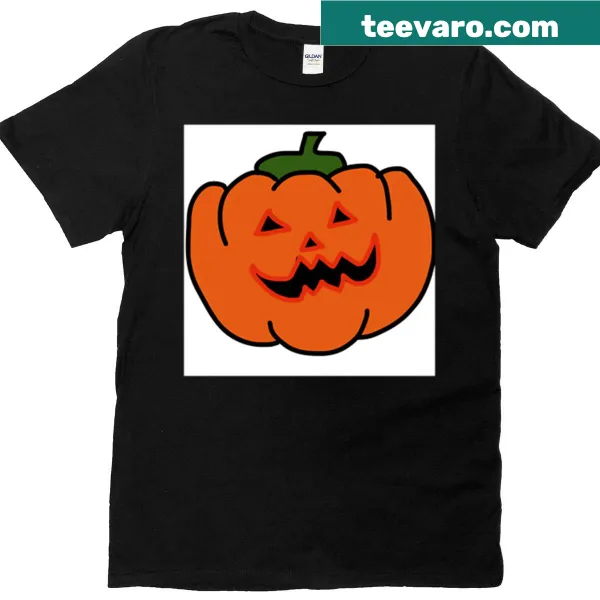 Illustrated pumpkin design on Halloween-themed T-shirt.