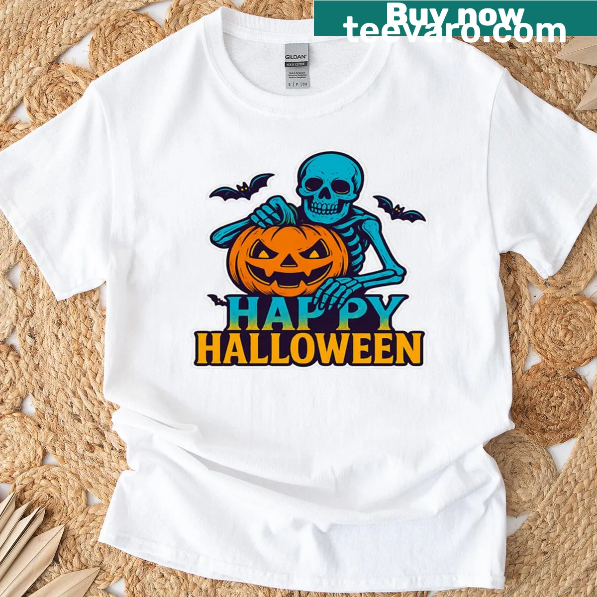 Boxy vintage Halloween t-shirt with skeleton and pumpkin graphic — on a men's t-shirt