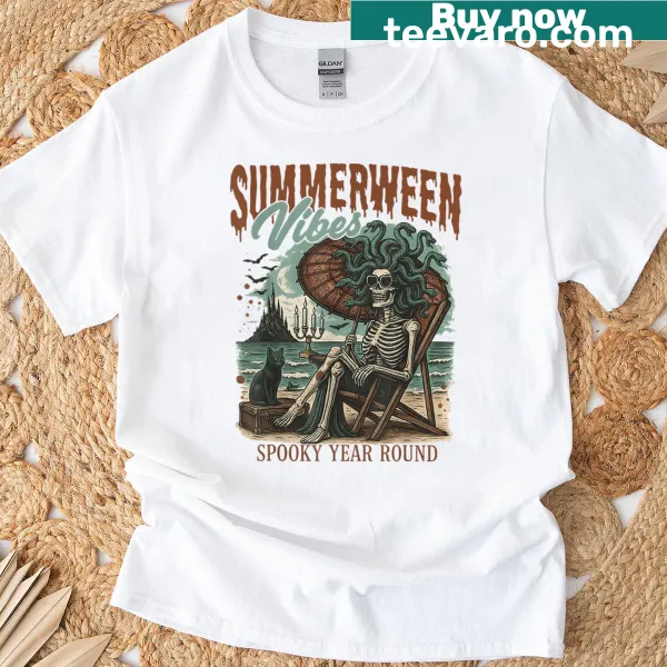 Cartoon skeleton beach girl Halloween t-shirt