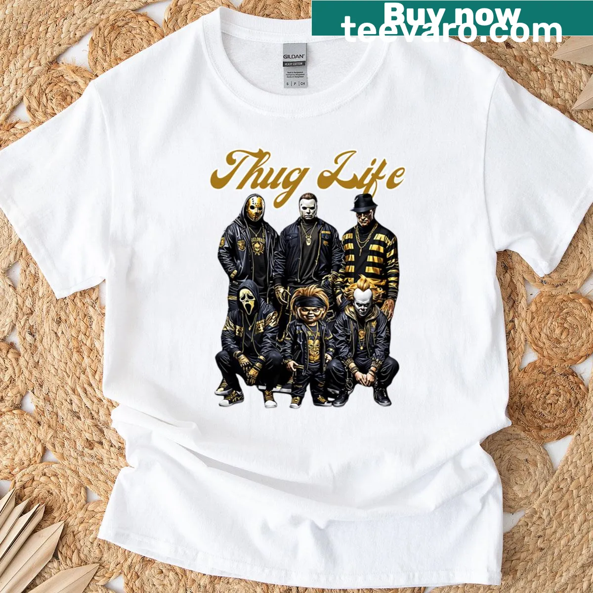 Edgy Halloween t-shirt featuring a 'Thug Life' graphic with horror elements — on a men's t-shirt