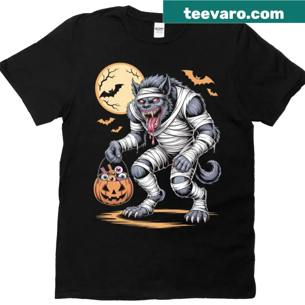 Playful Halloween T-shirt with a werewolf and mummy holding candy bucket