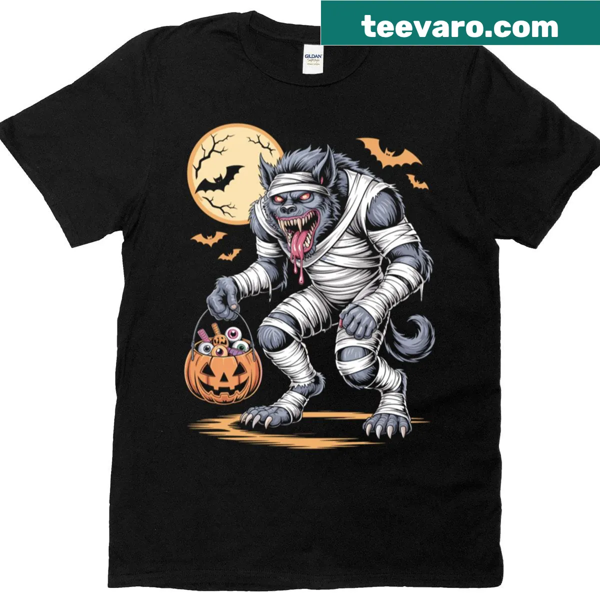 Playful Halloween T-shirt with a werewolf and mummy holding candy bucket — on a men's t-shirt