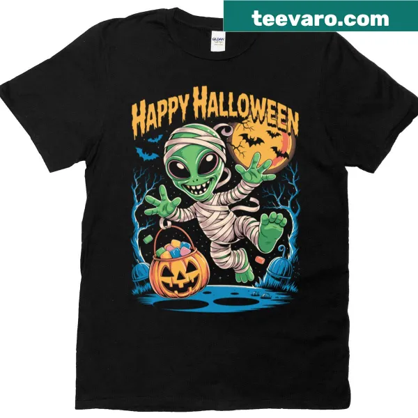 Cute Halloween T-shirt featuring a green alien mummy