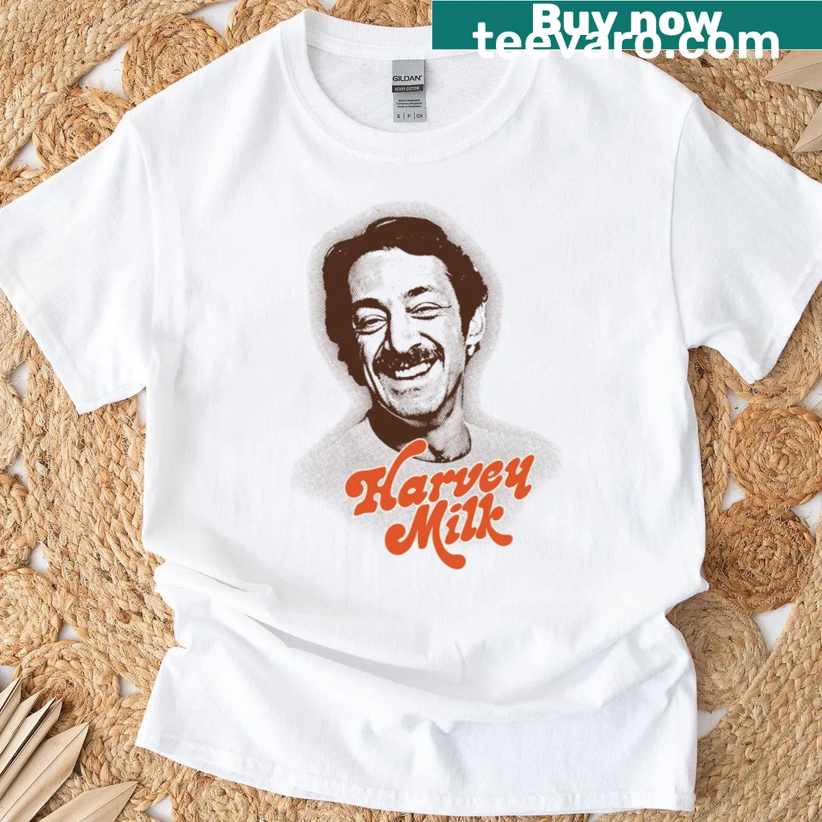 Retro 70s inspired t-shirt honoring Harvey Milk — on a men's t-shirt