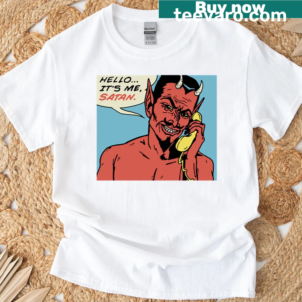 Vintage horror comic t-shirt with Hello Its Me Satan phrase — on a men's t-shirt