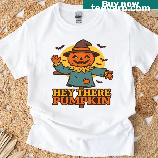 Cute Halloween T-shirt with a scarecrow and pumpkin illustration