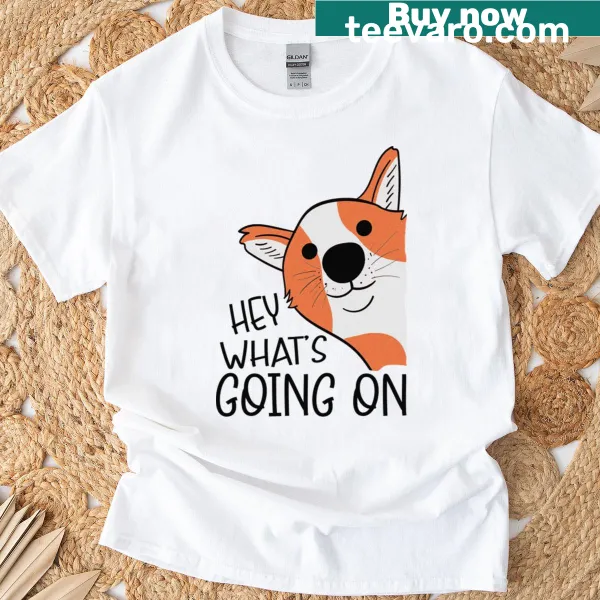 Playful typography T-shirt with the phrase 'Hey, What's Going On?'