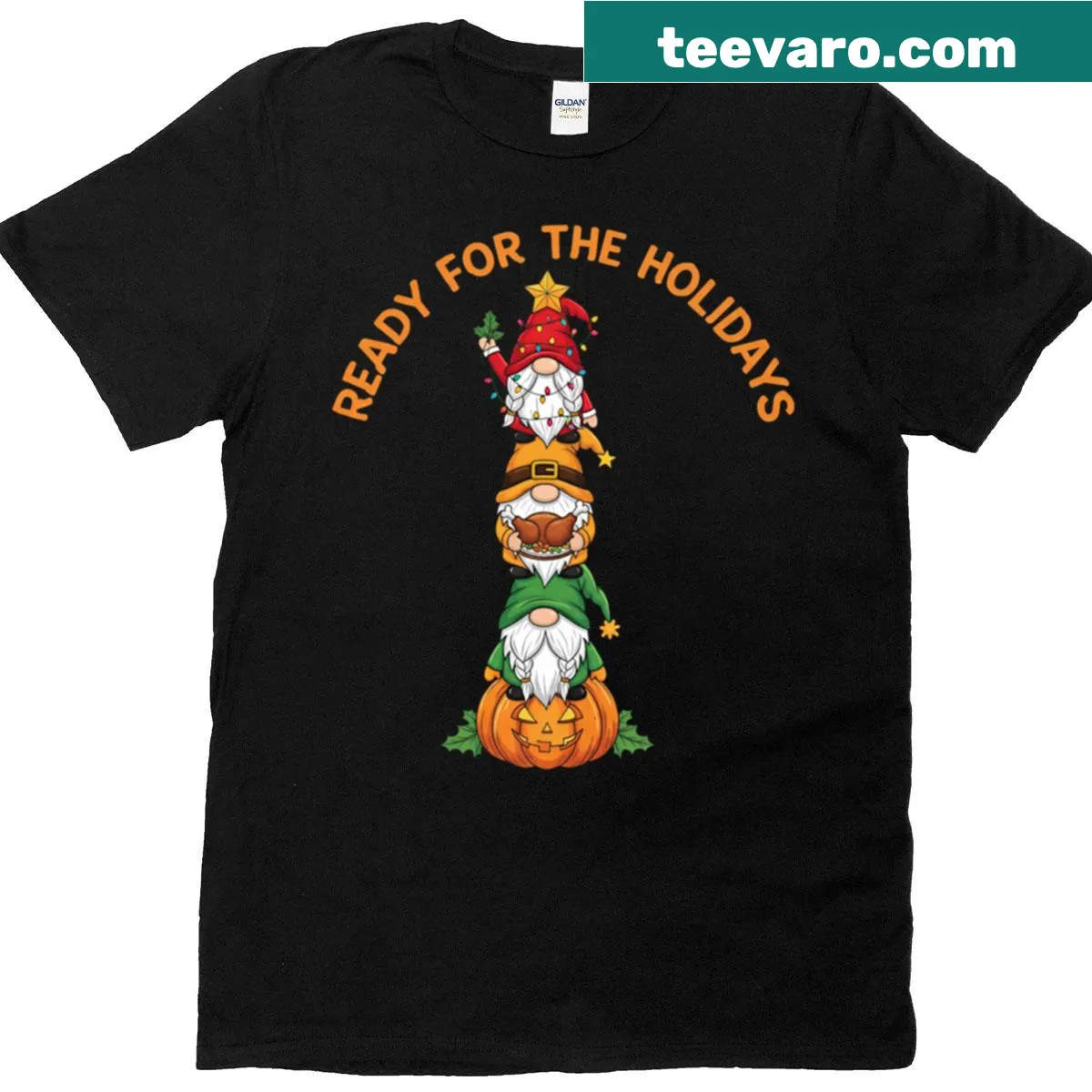 Whimsical gnome stack illustration for Thanksgiving and Christmas t-shirt — on a men's t-shirt