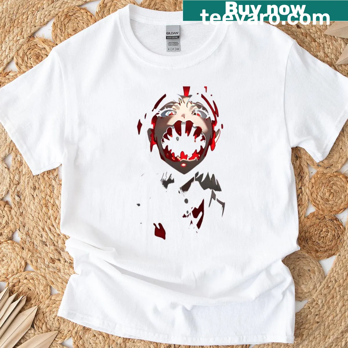 Horror-themed T-shirt with a chilling smile graphic — on a men's t-shirt