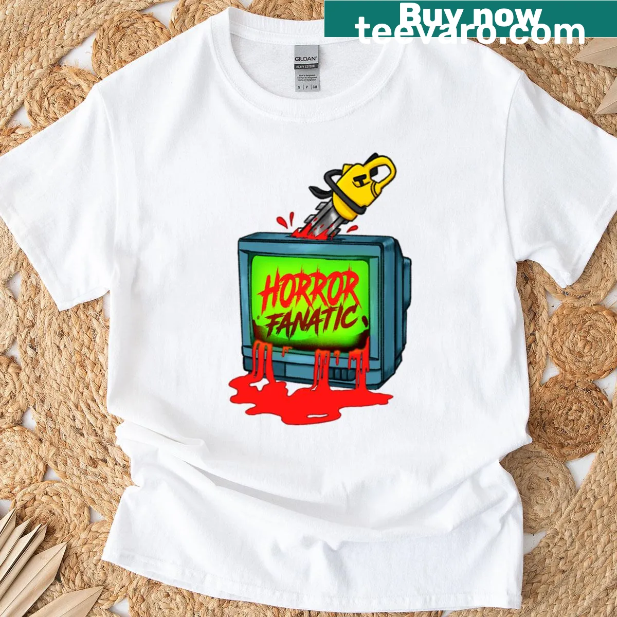 Bold typography horror-themed t-shirt for TV horror fans. — on a men's t-shirt