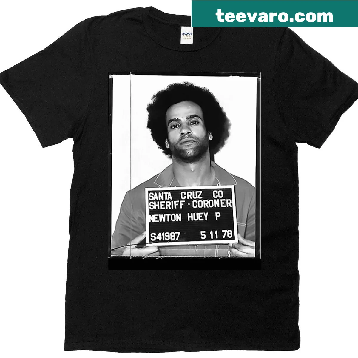 Iconic mugshot illustration t-shirt honoring Huey Newton — on a men's t-shirt