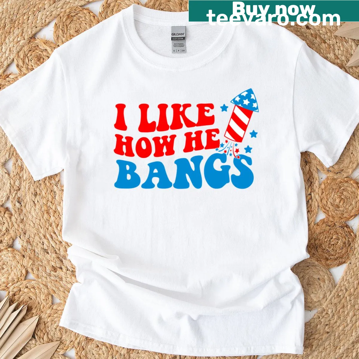 Funny couple T-shirt with 'I Like How He Bangs Fireworks' — on a men's t-shirt