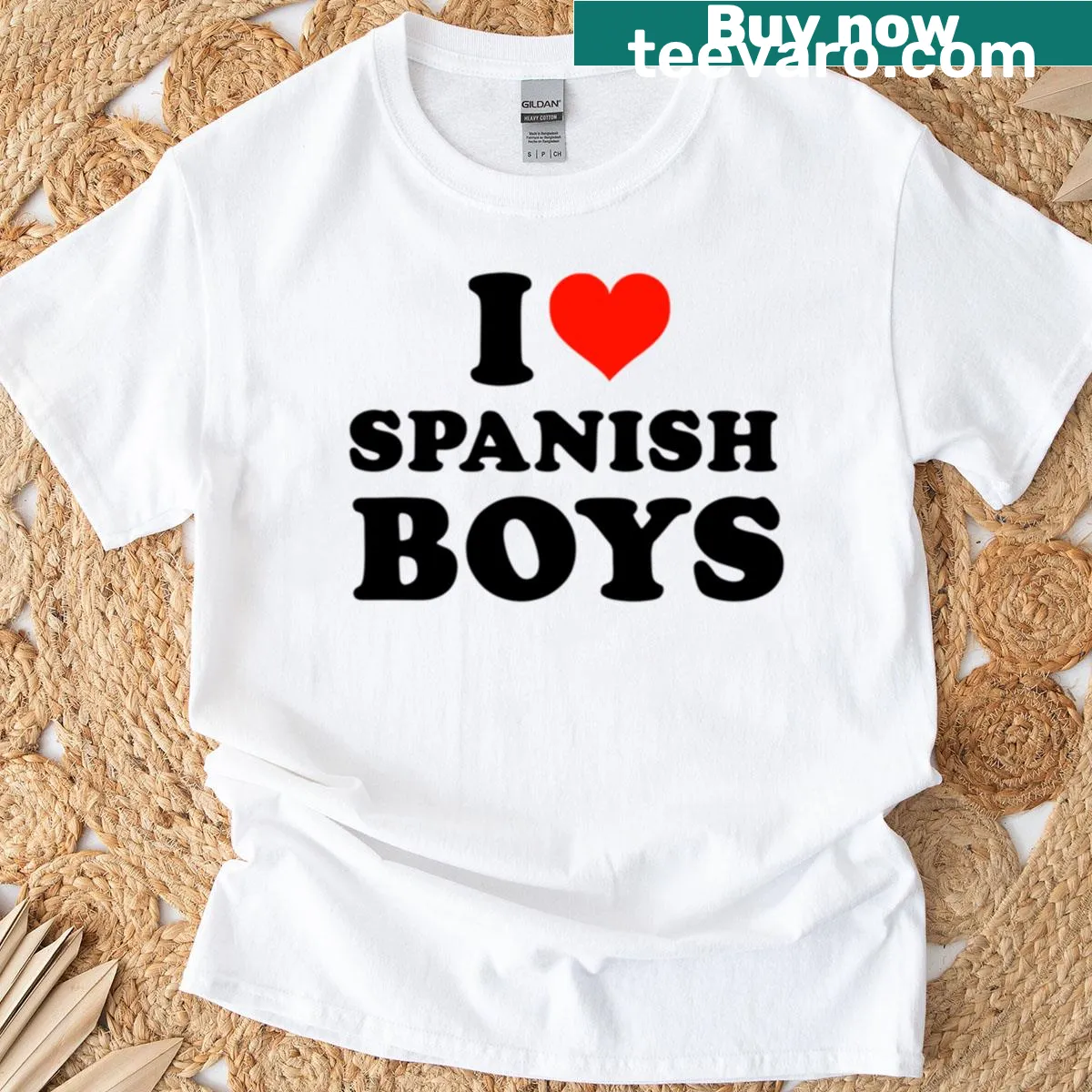 Playful typography t-shirt displaying 'I Love Spanish Boys' text — on a men's t-shirt