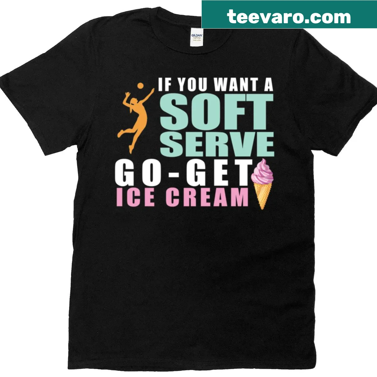 Funny t-shirt with the phrase about soft serve and volleyball — on a men's t-shirt