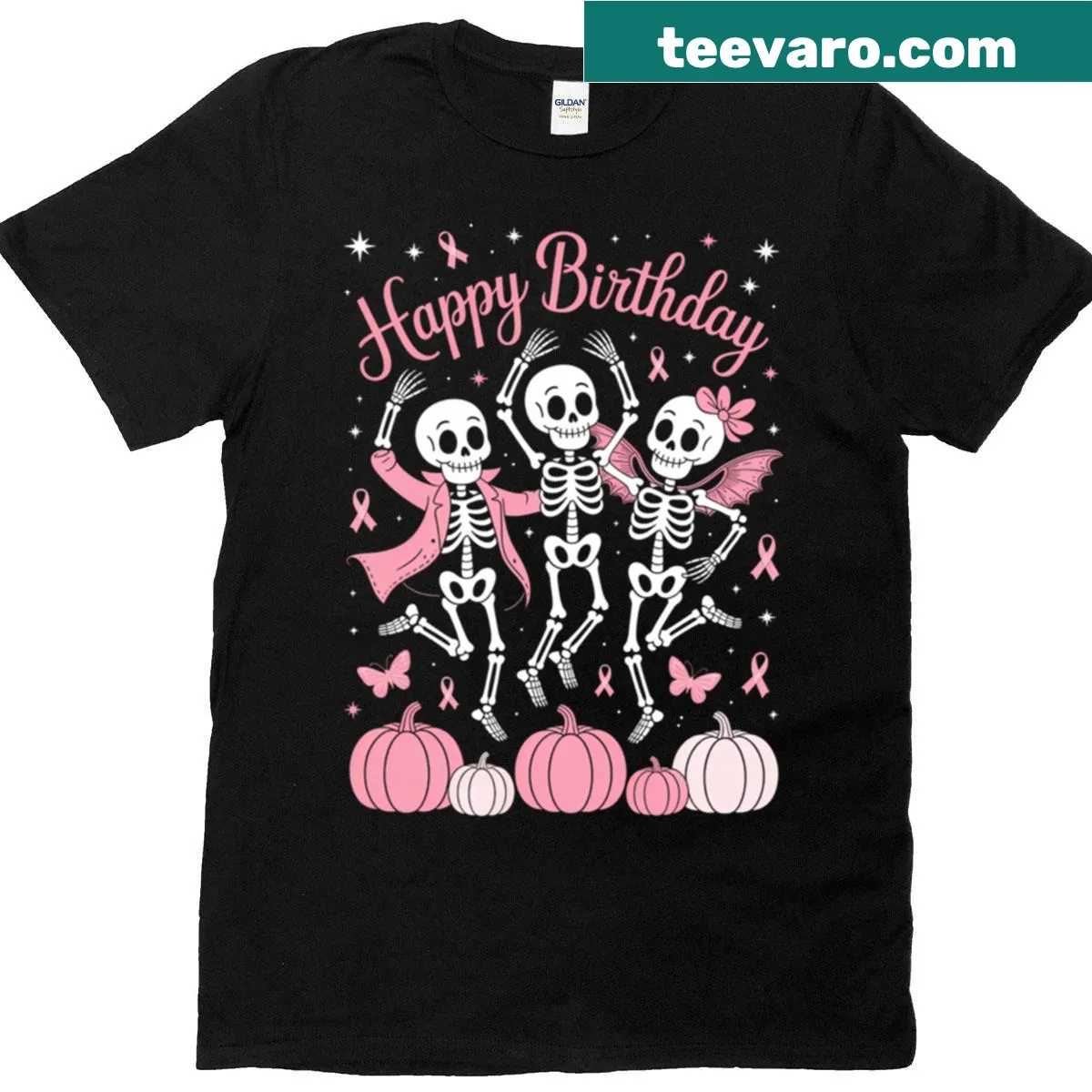 T-shirt with a pink skeleton design for Halloween and breast cancer awareness — on a men's t-shirt