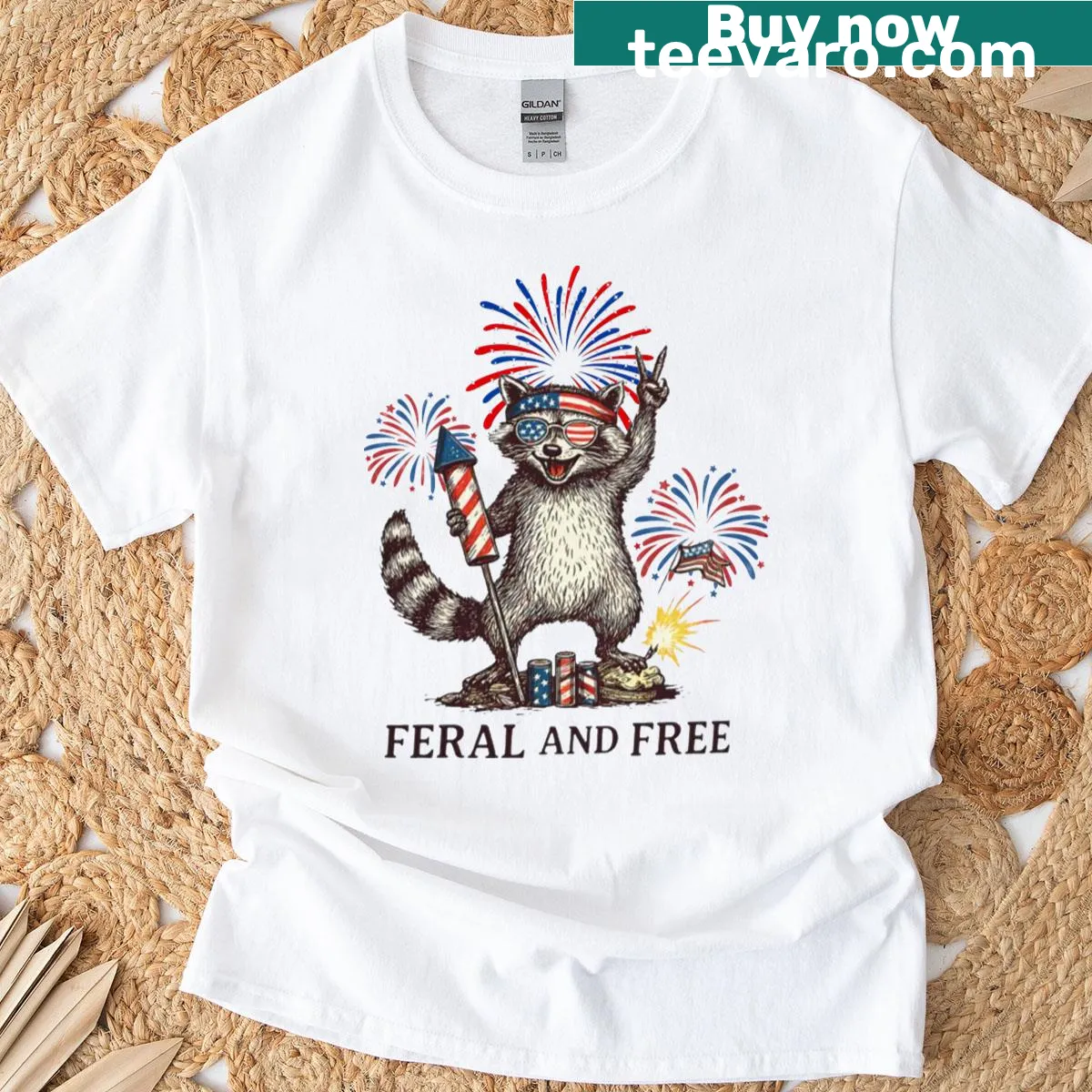 Patriotic T-shirt with a raccoon design for Independence Day — on a men's t-shirt