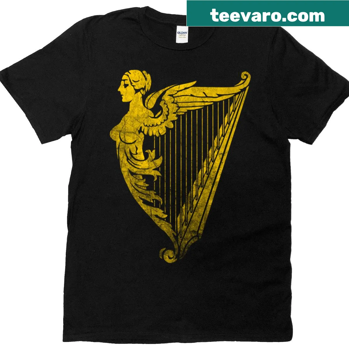 T-shirt featuring an illustration of an Irish harp — on a men's t-shirt