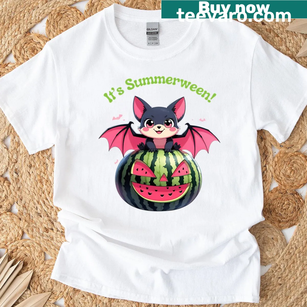 Cute bat graphic t-shirt for summer Halloween festivities — on a men's t-shirt