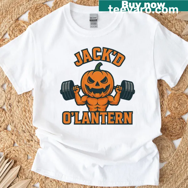 Halloween t-shirt featuring a muscular pumpkin design, titled 'Jackd Olantern'