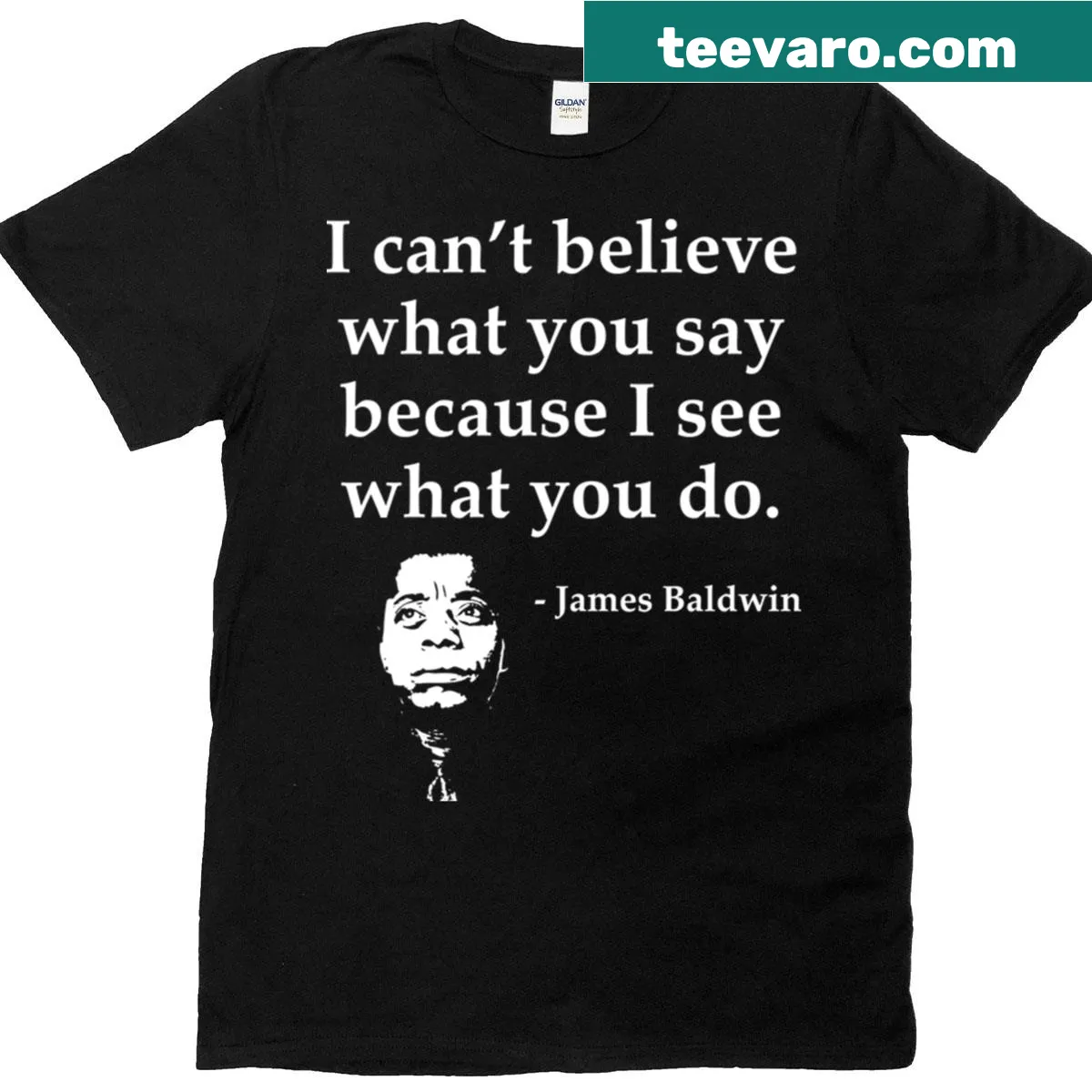 T-shirt with James Baldwin quote about integrity and action — on a men's t-shirt