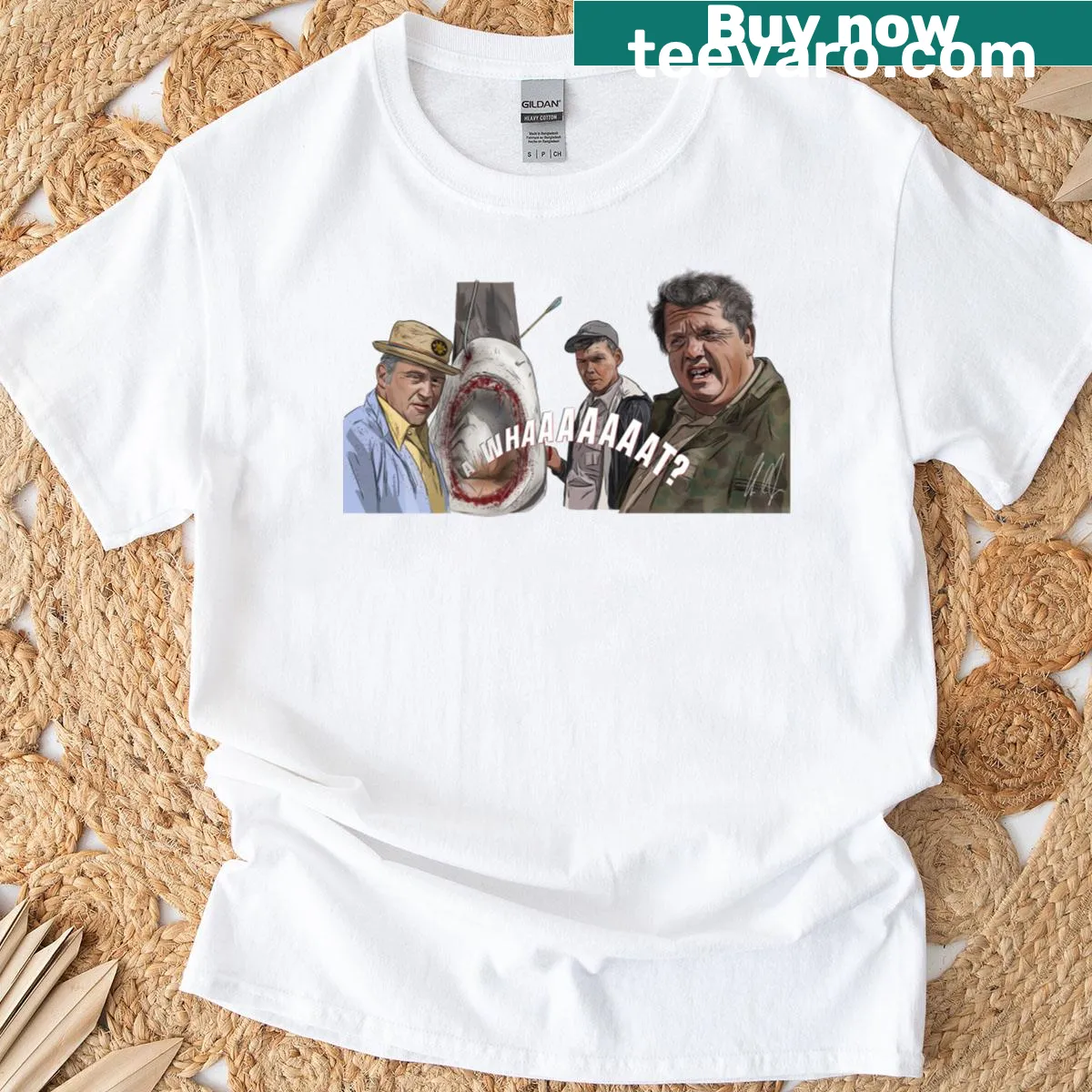Funny t-shirt with the phrase 'Jaws A What' — on a men's t-shirt