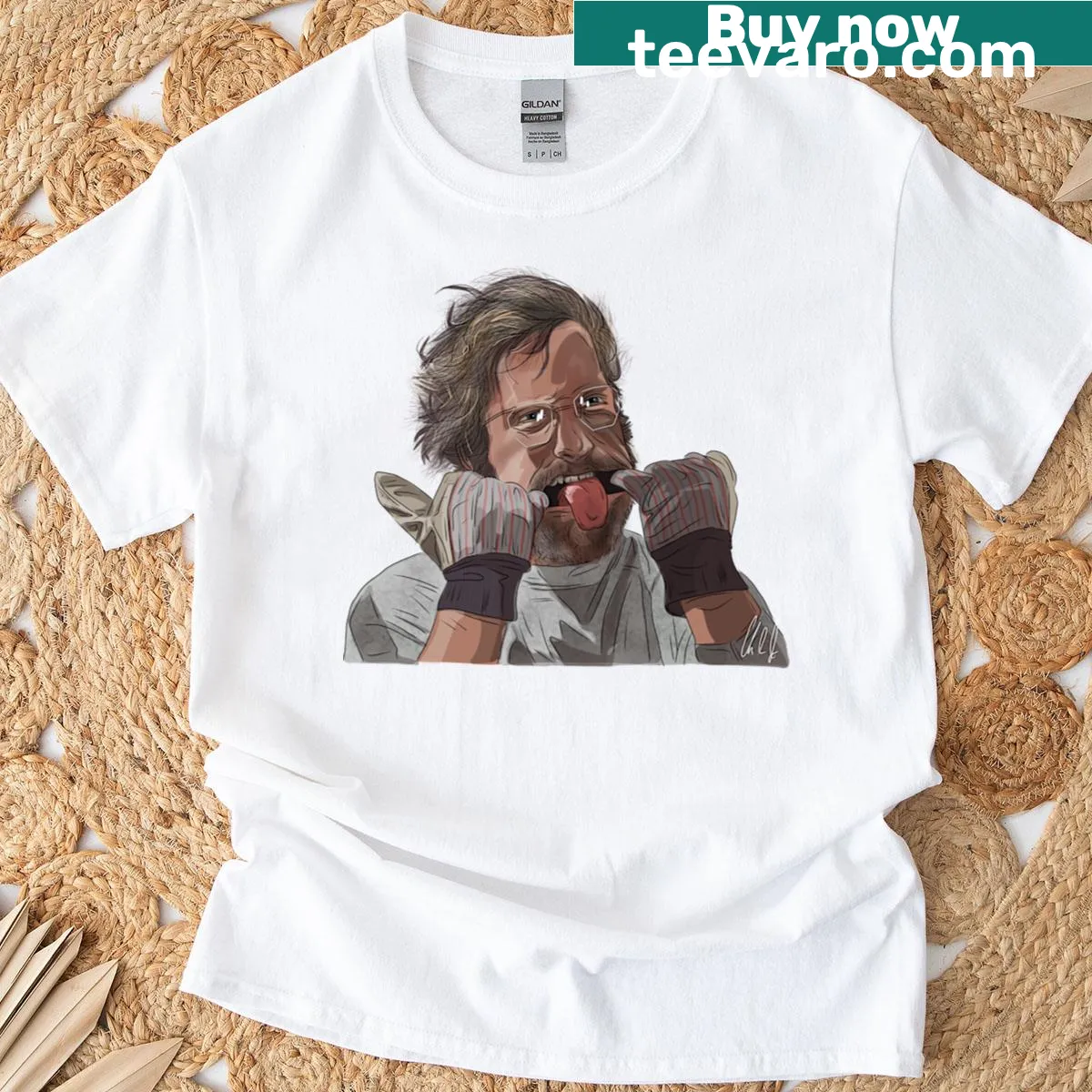Graphic t-shirt honoring the character Hooper from Jaws — on a men's t-shirt