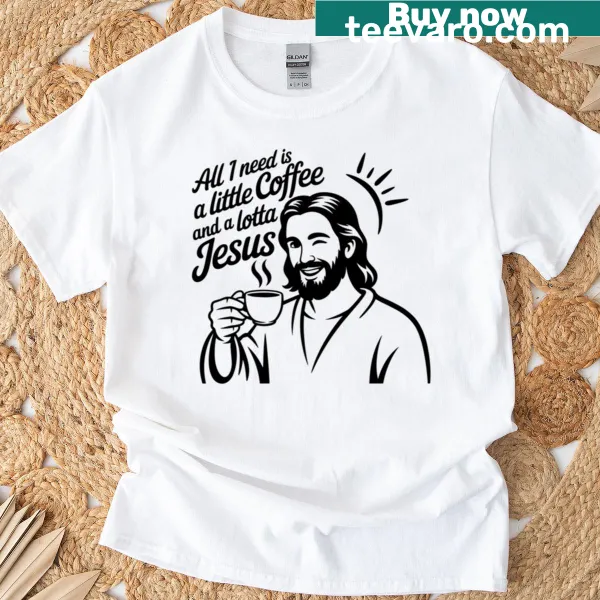 Illustration of Jesus drinking coffee on a t-shirt.