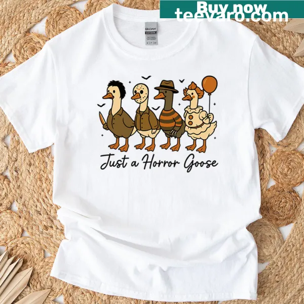 Funny T-shirt featuring a cartoon horror goose graphic