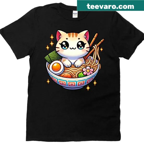 Adorable kitty in ramen bowl graphic on a cute T-shirt